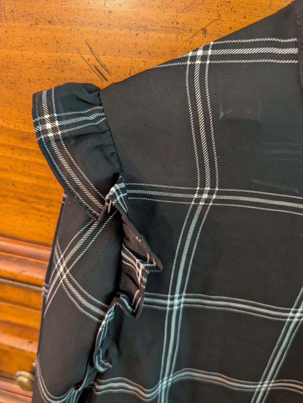 Ladies Windowpane Check Ruffle Shoulder Blouse - Picture 2 of 10